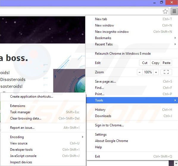 Removing Disasteroids ads from Google Chrome step 1