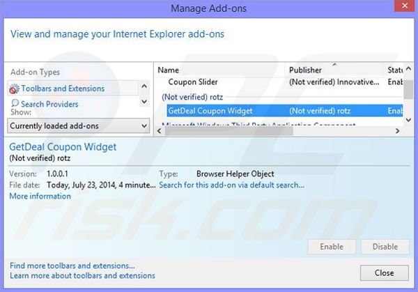Removing Disasteroids ads from Internet Explorer step 2