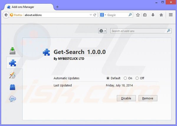 Remove Get-Search browser hijacker from Mozilla Firefox step 1