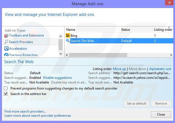 Remove Get-Search browser hijacker from Internet Explorer step 3