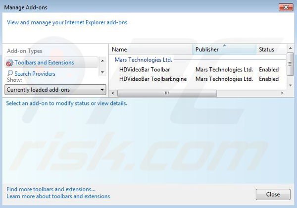 Remove HDVideoBar browser hijacker from Internet Explorer step 1