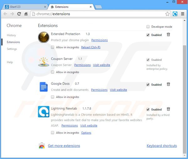 Remove istart123.com related Google Chrome extensions