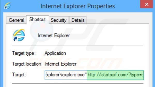 Removing istartsurf.com from Internet Explorer shortcut target step 2
