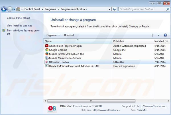 Uninstall OffersBar browser hijacker via control panel