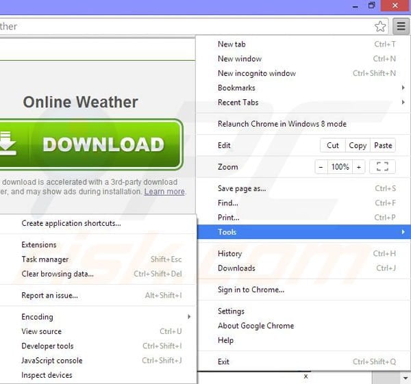 Removing Online Weather ads from Google Chrome step 1