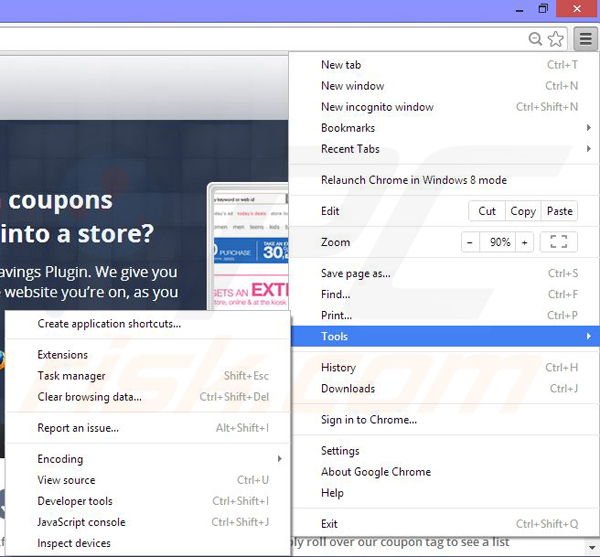 Removing Savings Plugin ads from Google Chrome step 1