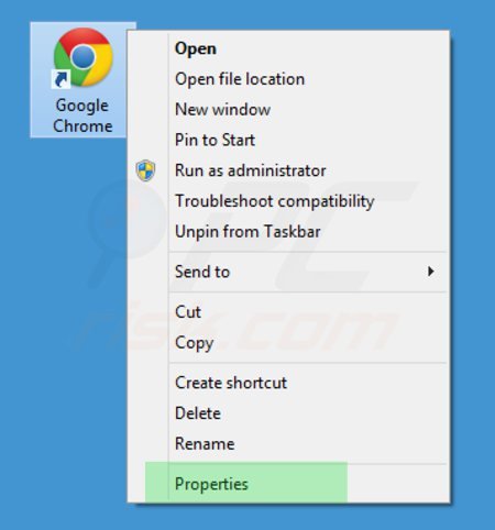 Removing searches.vi-view.com from Google Chrome shortcut target step 1