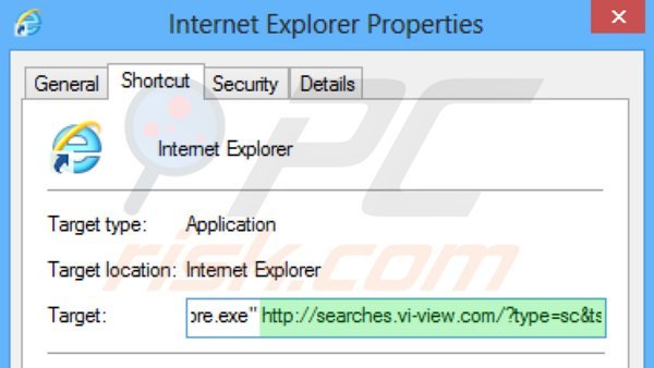 Removing searches.vi-view.com from Internet Explorer shortcut target step 2