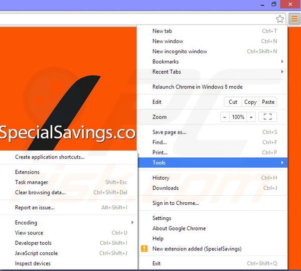 Removing Special Savings ads from Google Chrome step 1