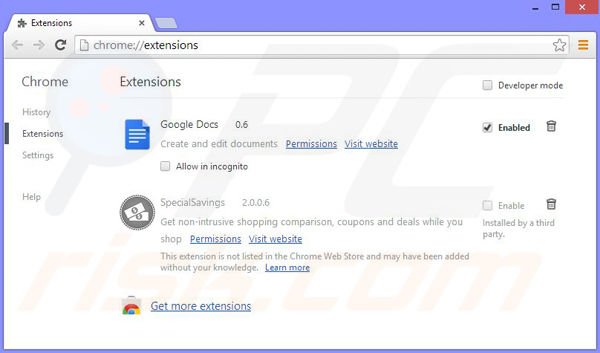 Removing Special Savings ads from Google Chrome step 2