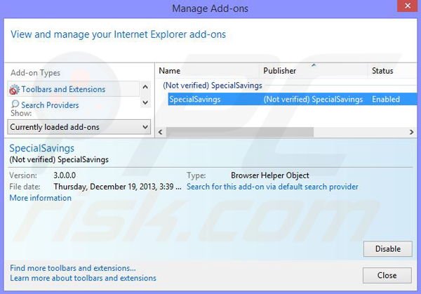Removing Special Savings ads from Internet Explorer step 2