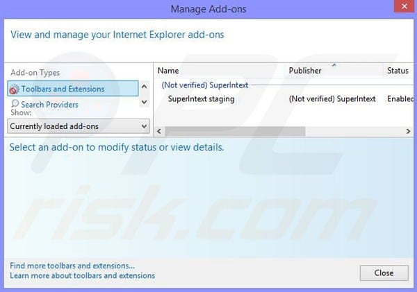 Removing SuperIntext ads from Internet Explorer step 2