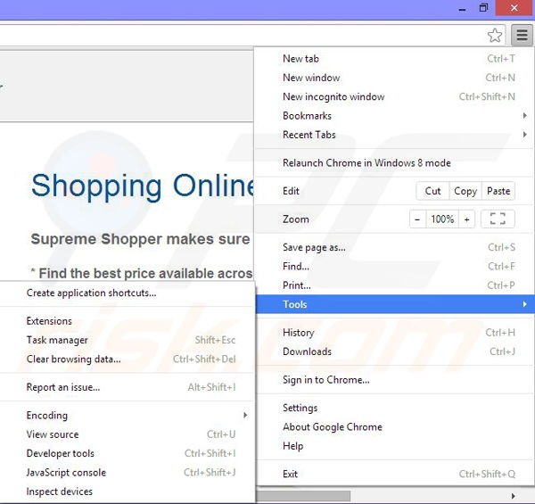 Removing Supreme Shopper ads from Google Chrome step 1