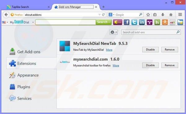Remove Taplika browser hijacker from Mozilla Firefox step 1