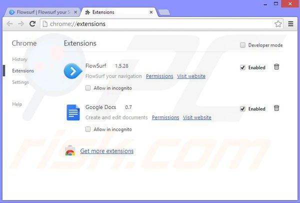 Remove Flowsurf browser hijacker from Google Chrome step 1