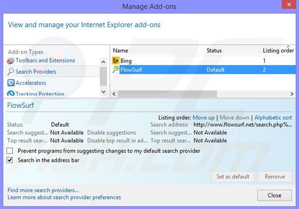 Remove Flowsurf browser hijacker from Internet Explorer step 3