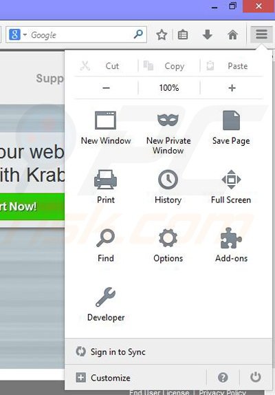 Removing Krab Web from Mozilla Firefox step 1