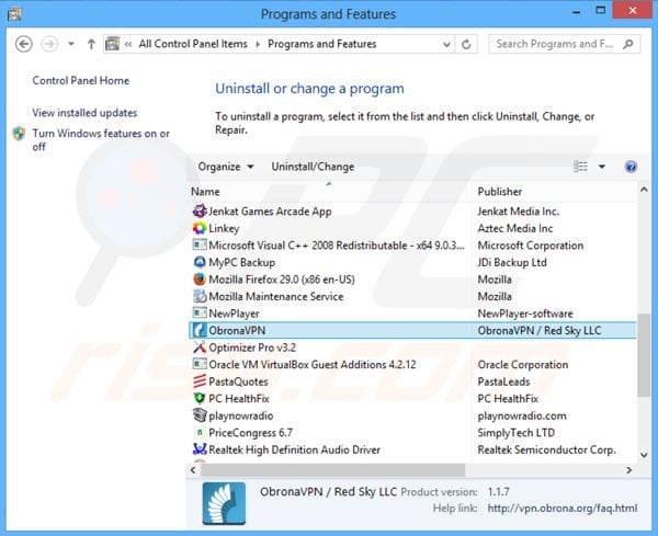 obrona vpn adware uninstall via Control Panel
