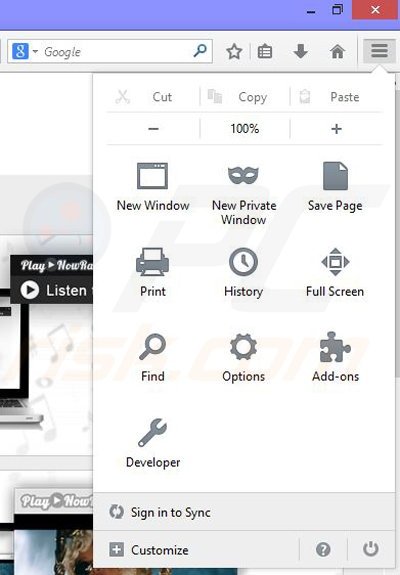 Removing Play now Radio ads from Mozilla Firefox step 1