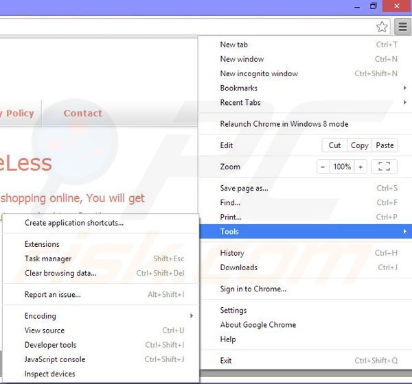 Removing PriceLess ads from Google Chrome step 1