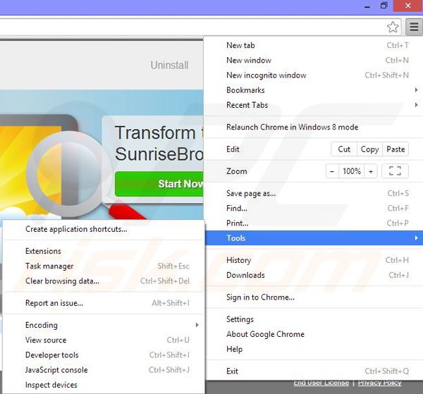 Removing SunrinseBrowse from Google Chrome step 1