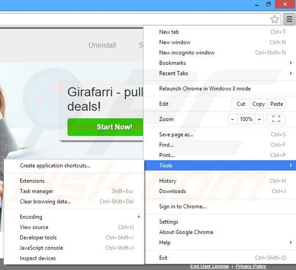 Removing Girafarri from Google Chrome step 1