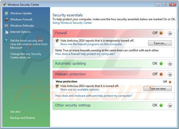 vista antivirus 2014 displaying a fake Windows Security Center