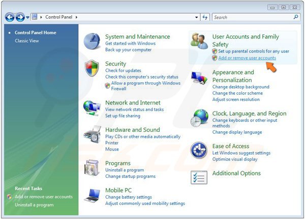 Turning on Guest account on Windows Vista step 2 - clicking add or remove user accounts