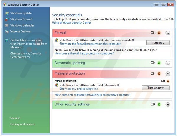 Vista Protection 2014 displaying a fake Windows Security Center