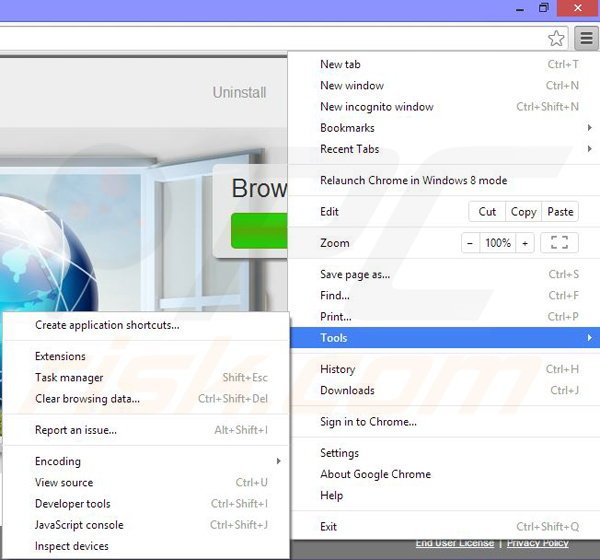 Removing window web from Google Chrome step 1