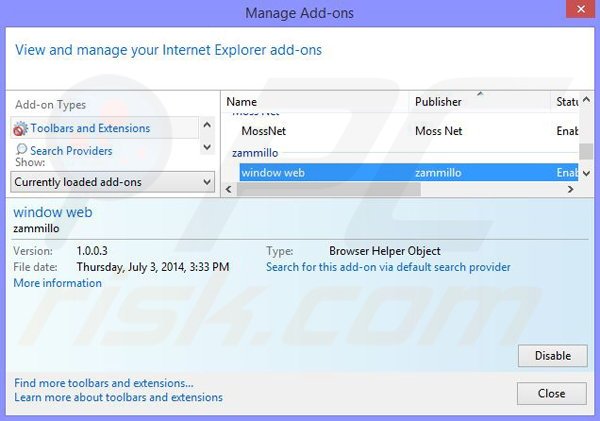 Removing window web from Internet Explorer step 2