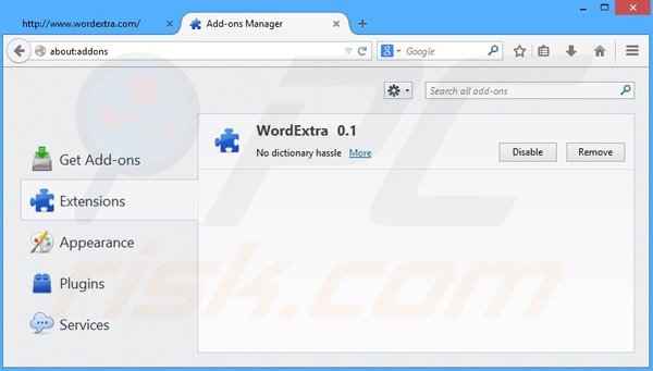 Removing WordExtra ads from Mozilla Firefox step 2