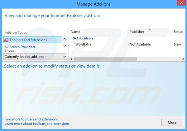Removing WordExtra ads from Internet Explorer step 2
