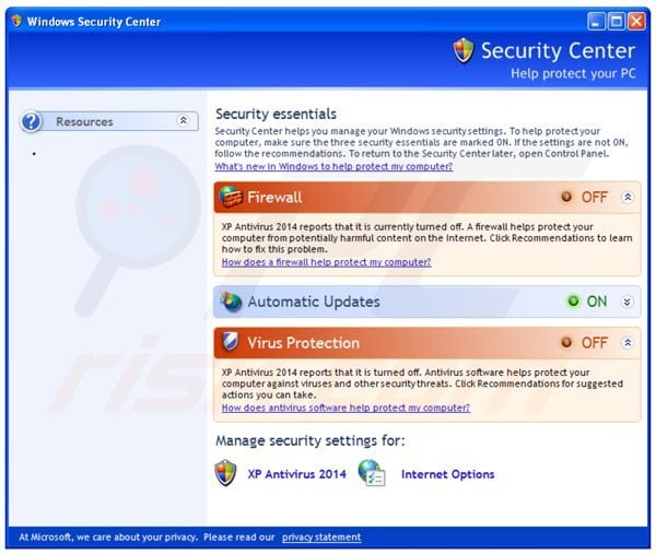 xp antivirus 2014 displaying a fake Windows Security Center