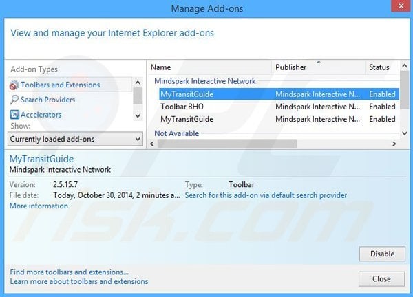 Removing MyTransitGuide related Internet Explorer extensions
