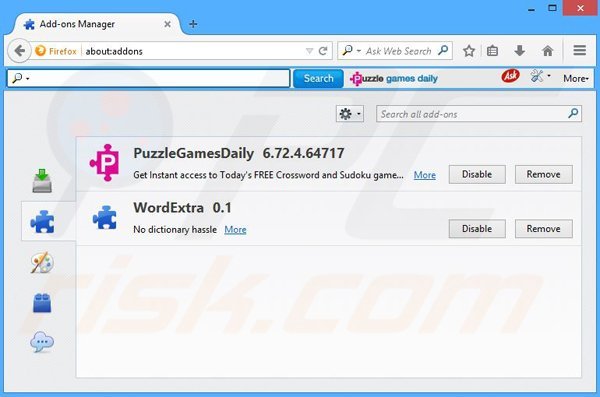 Removing PuzzleGamesDaily related Mozilla Firefox extensions