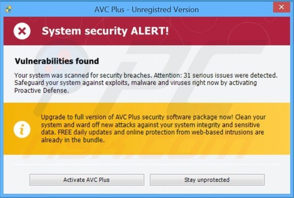 avc plus displaying fake security warning messages