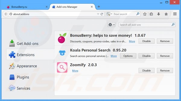 Removing BonusBerry ads from Mozilla Firefox step 2