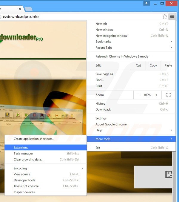 Removing EzDownloader ads from Google Chrome step 1