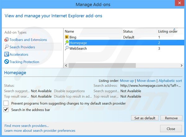 Removing Homepage.com.tr from Internet Explorer default search engine
