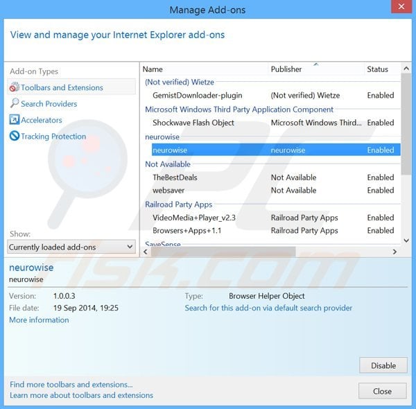 Removing nourowise ads from Internet Explorer step 2