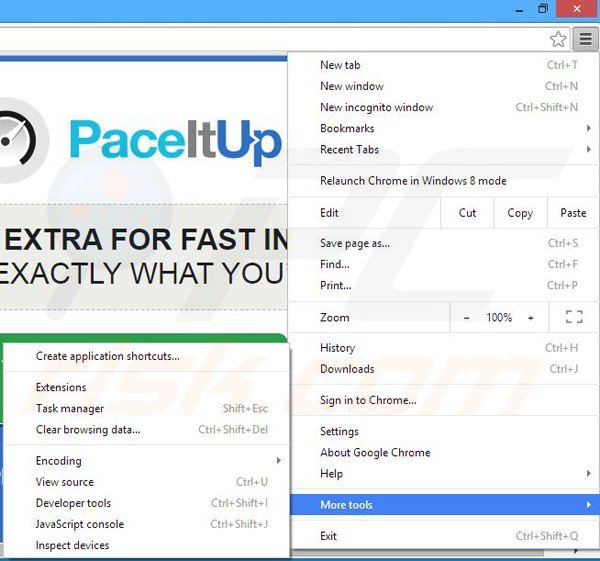 Removing PaceItUp ads from Google Chrome step 1