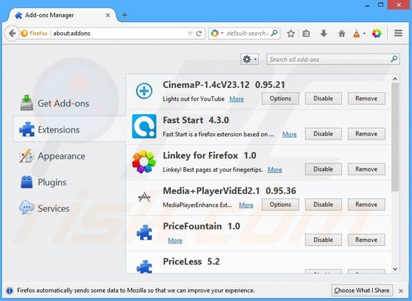 Removing PaceItUp ads from Mozilla Firefox step 2