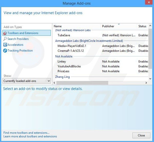 Removing PaceItUp ads from Internet Explorer step 2