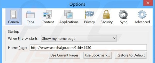 Removing Searchalgo.com from Mozilla Firefox homepage