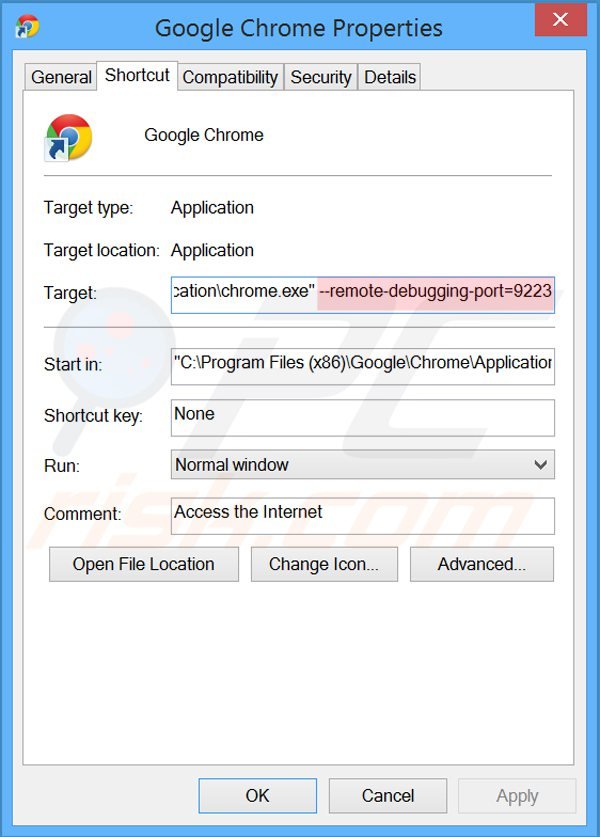 Removing showpass smartbar entries from Google Chrome shortcut target step 2