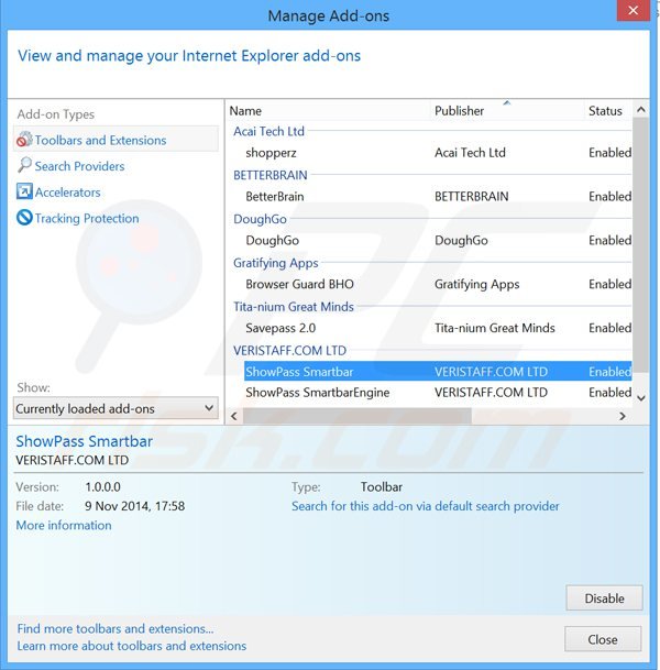 Removing showpass smartbar related Internet Explorer extensions