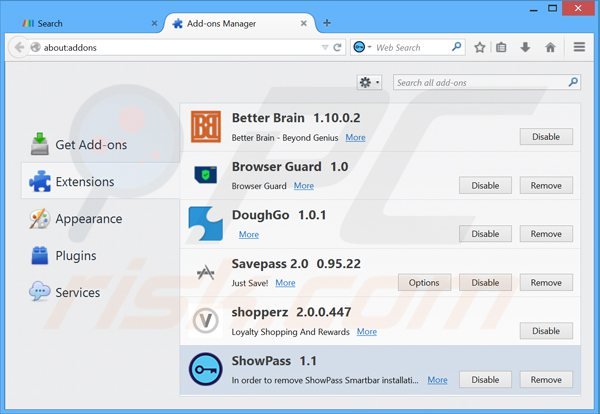 Removing showpass smartbar related Mozilla Firefox extensions