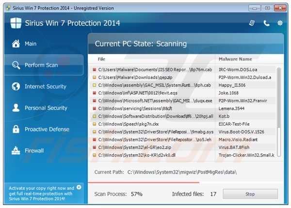 sirius win 7 protection 2014 performing a fake computer security scan