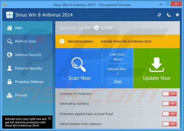 sirius win 8 antivirus 2014 main window